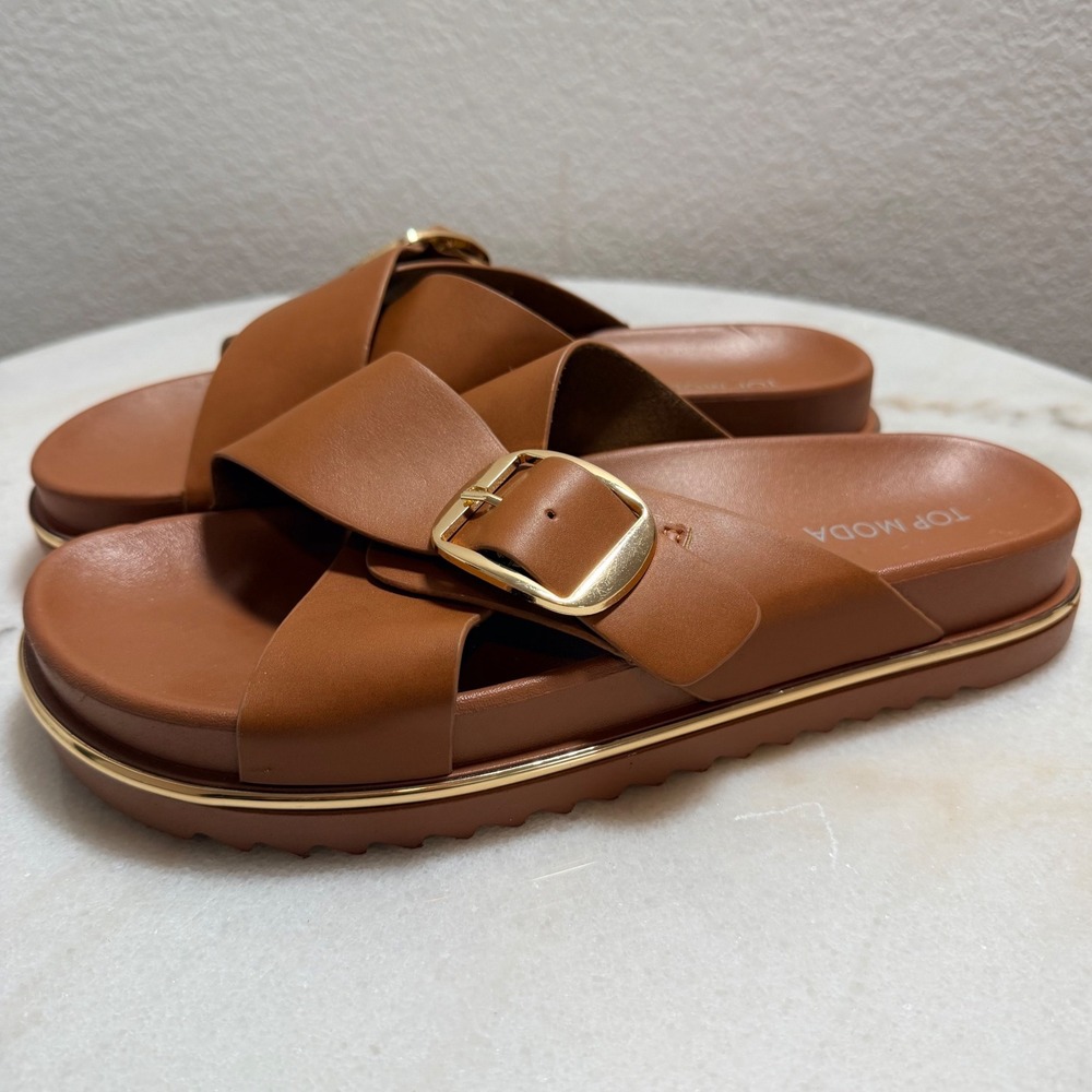 Top Moda Potter-1 Women Tan Brown Gold Buckle Platform Slide Sandals Size 9